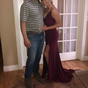 Maroon deep V-neck with slit prom dress
